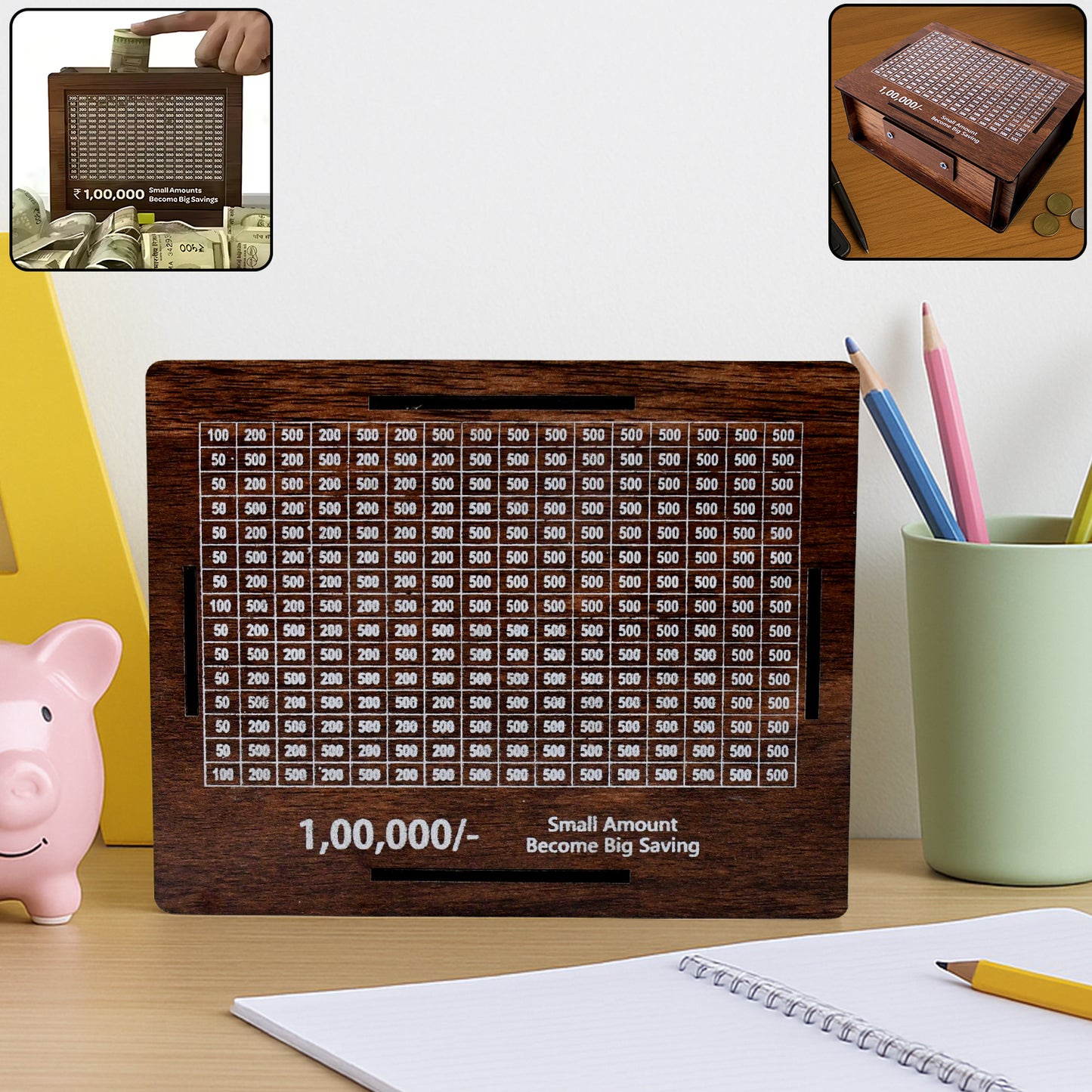 Wooden Money Piggy Bank Money Box (1 Pc With Marker Pen)