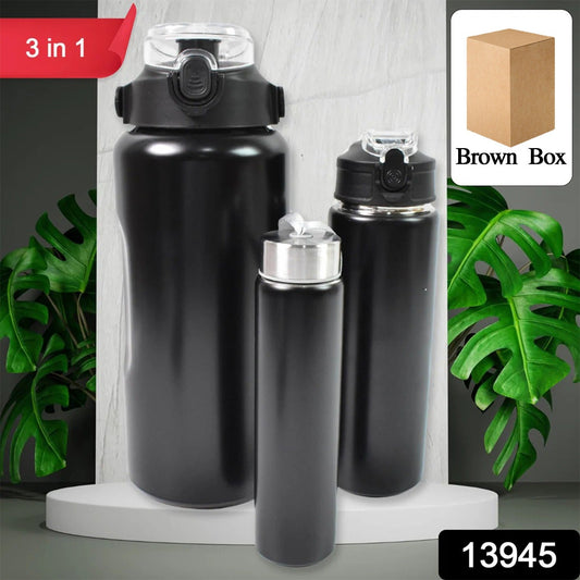 3 in 1 Stainless Steel Insulated Water Bottle β Double Wall Vacuum (3 Pcs Set)
